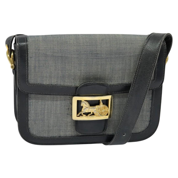 CELINE Shoulder Bag Leather Canvas Navy Gold Auth BD2149