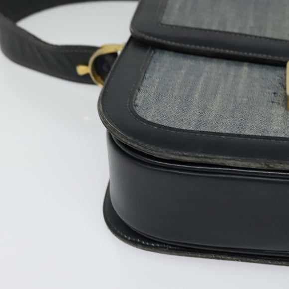 CELINE Shoulder Bag Leather Canvas Navy Gold Auth BD2149