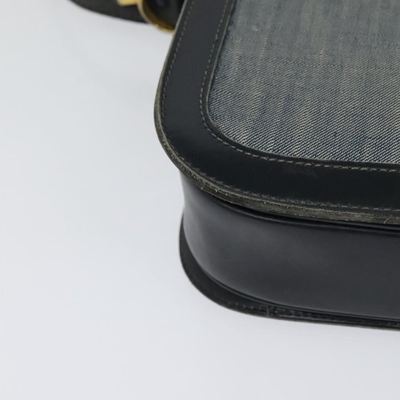 CELINE Shoulder Bag Leather Canvas Navy Gold Auth BD2149