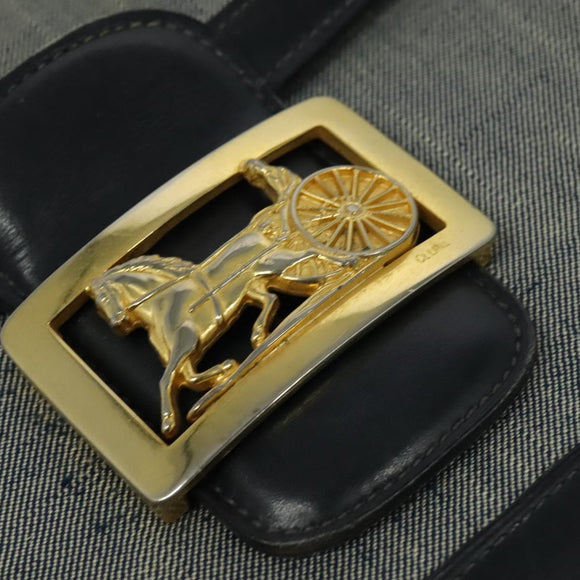 CELINE Shoulder Bag Leather Canvas Navy Gold Auth BD2149