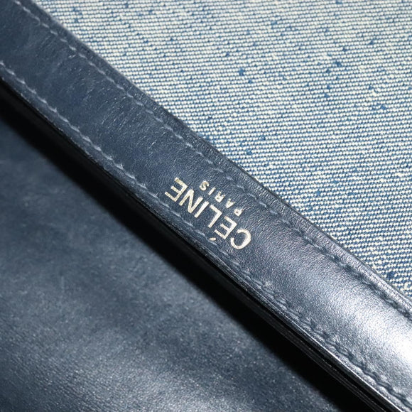 CELINE Shoulder Bag Leather Canvas Navy Gold Auth BD2149