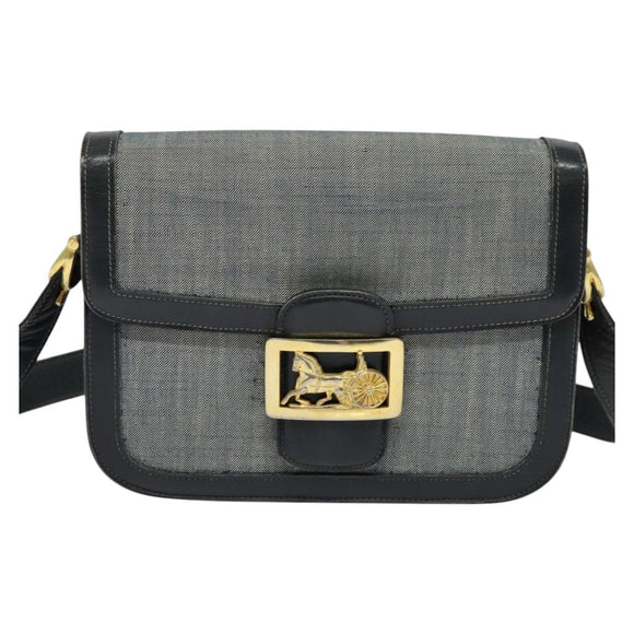 CELINE Shoulder Bag Leather Canvas Navy Gold Auth BD2149