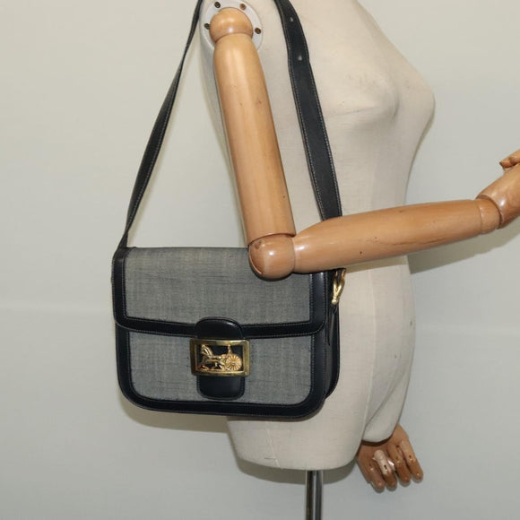 CELINE Shoulder Bag Leather Canvas Navy Gold Auth BD2149