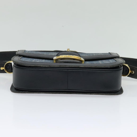 CELINE Shoulder Bag Leather Canvas Navy Gold Auth BD2149