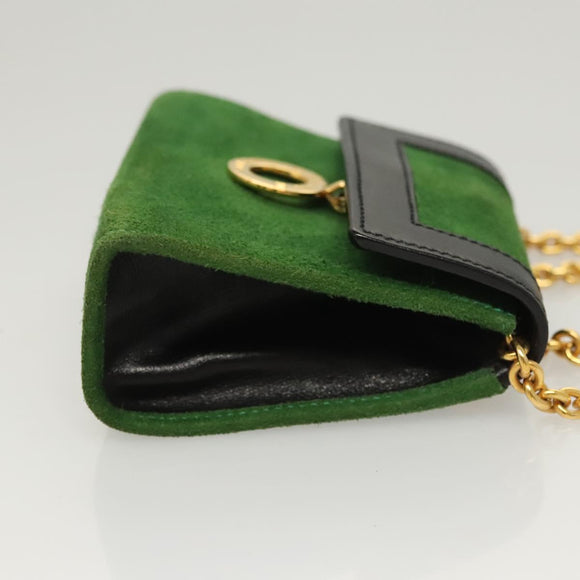 CELINE Chain Hand Pouch Suede Leather Green Gold Auth BD2160
