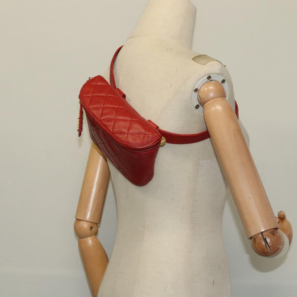 CHANEL Matelasse Waist bag Caviar Skin Red Gold CC Auth BD2190