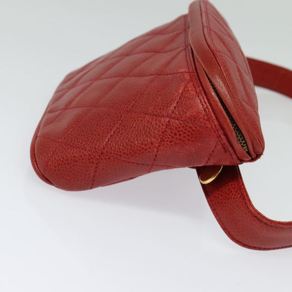 CHANEL Matelasse Waist bag Caviar Skin Red Gold CC Auth BD2190