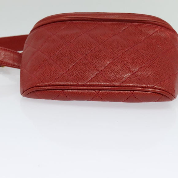 CHANEL Matelasse Waist bag Caviar Skin Red Gold CC Auth BD2190