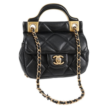 CHANEL Matelasse Chain Pouch Shoulder Bag Lamb Skin Black Gold CC Auth BD2191M