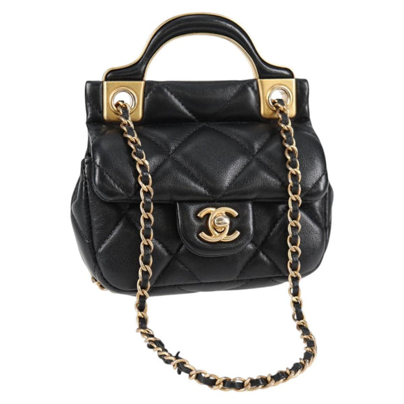 CHANEL Matelasse Chain Pouch Shoulder Bag Lamb Skin Black Gold CC Auth BD2191M