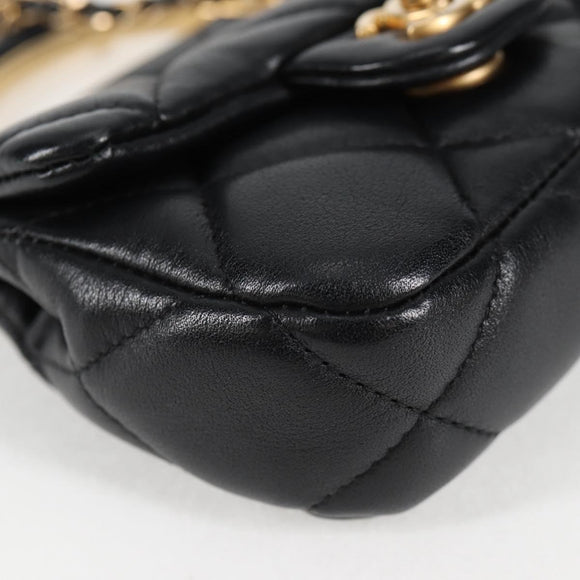 CHANEL Matelasse Chain Pouch Shoulder Bag Lamb Skin Black Gold CC Auth BD2191M