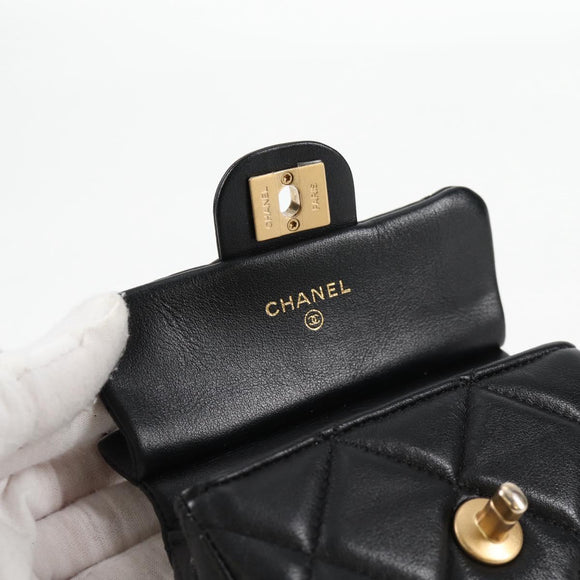 CHANEL Matelasse Chain Pouch Shoulder Bag Lamb Skin Black Gold CC Auth BD2191M