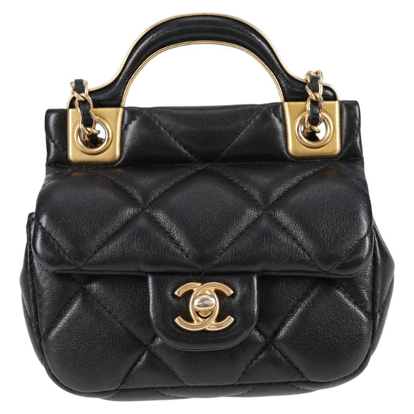 CHANEL Matelasse Chain Pouch Shoulder Bag Lamb Skin Black Gold CC Auth BD2191M