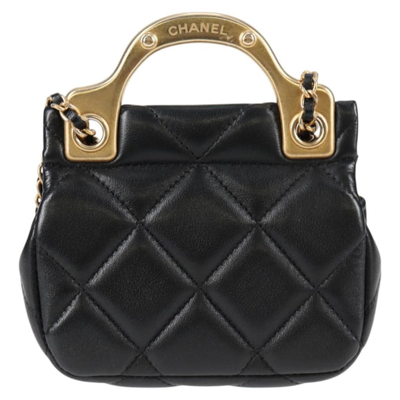 CHANEL Matelasse Chain Pouch Shoulder Bag Lamb Skin Black Gold CC Auth BD2191M
