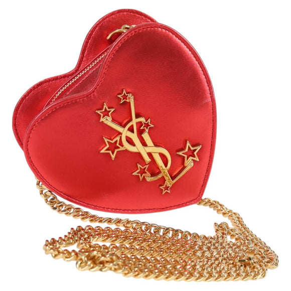 SAINT LAURENT Chain Shoulder Bag Leather Red Gold Auth BD2192M