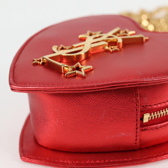 SAINT LAURENT Chain Shoulder Bag Leather Red Gold Auth BD2192M