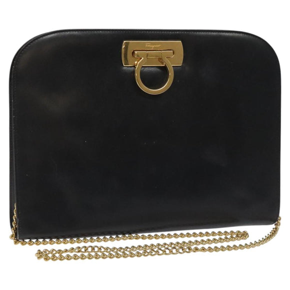 Salvatore Ferragamo Gancini Chain Shoulder Bag Leather Black Gold Auth BD223