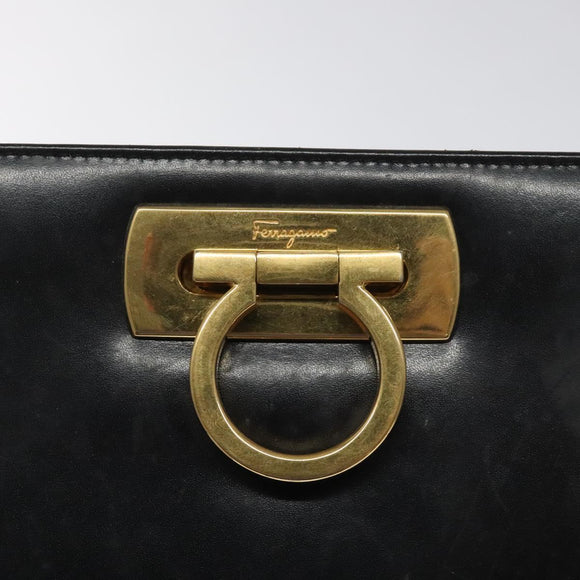 Salvatore Ferragamo Gancini Chain Shoulder Bag Leather Black Gold Auth BD223