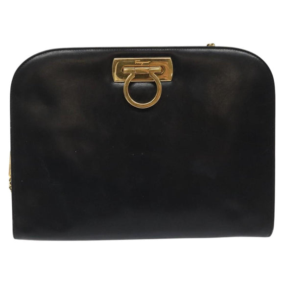 Salvatore Ferragamo Gancini Chain Shoulder Bag Leather Black Gold Auth BD223