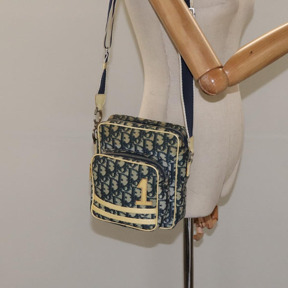 Christian Dior Trotter Canvas Shoulder Bag Navy Gold Auth BD2276