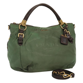 PRADA Hand Bag Nylon 2way Khaki Gold Auth BD242