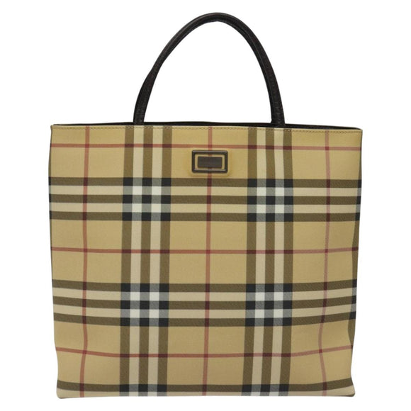 BURBERRY Nova Check Hand Bag PVC Leather Beige Dark Brown Auth BD252
