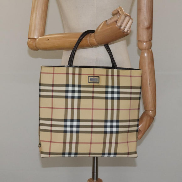 BURBERRY Nova Check Hand Bag PVC Leather Beige Dark Brown Auth BD252