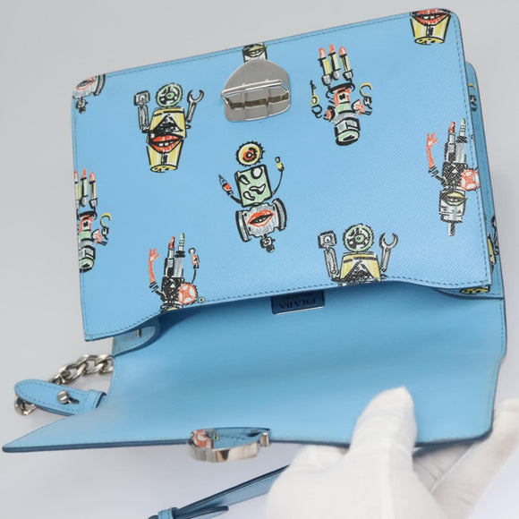 PRADA Chain Shoulder Bag Safiano leather Blue Silver Auth BD270AV