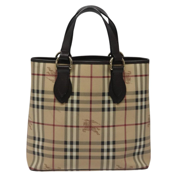 BURBERRY Nova Check Tote Bag PVC Leather Beige Dark Brown gold Auth BD286