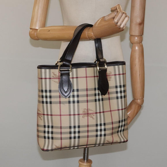 BURBERRY Nova Check Tote Bag PVC Leather Beige Dark Brown gold Auth BD286