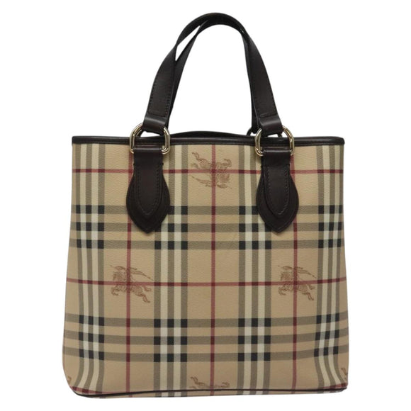BURBERRY Nova Check Tote Bag PVC Leather Beige Dark Brown gold Auth BD286