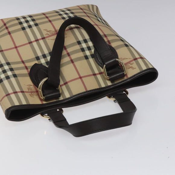 BURBERRY Nova Check Tote Bag PVC Leather Beige Dark Brown gold Auth BD286