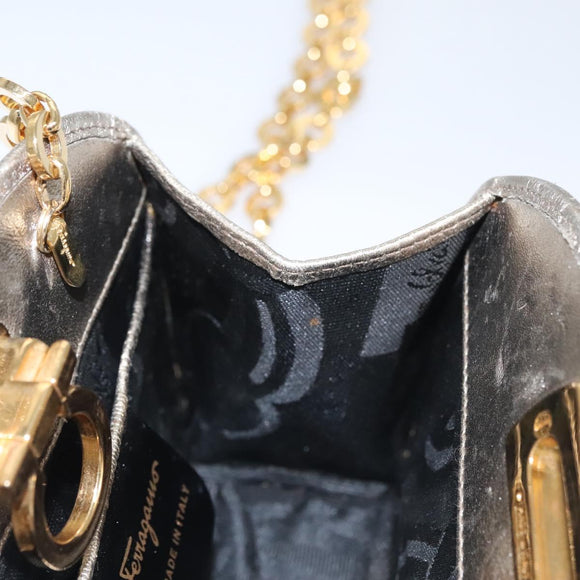 Salvatore Ferragamo Gancini Chain Shoulder Bag Leather Silver Gold Auth BD416