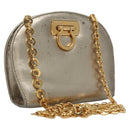 Salvatore Ferragamo Gancini Chain Shoulder Bag Leather Silver Gold Auth BD416-1