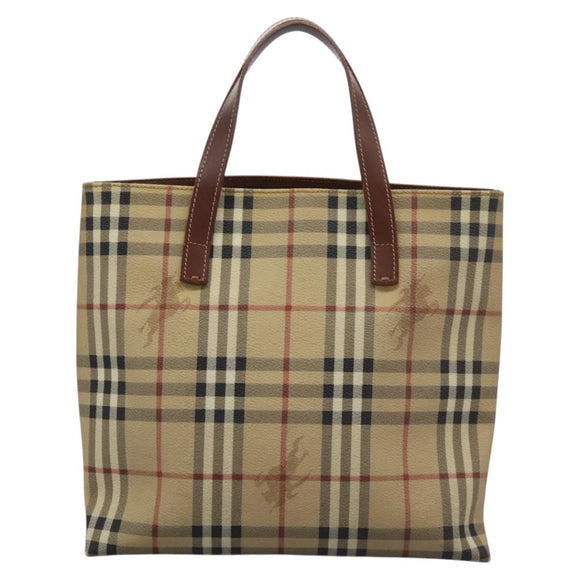 BURBERRY Nova Check Hand Bag PVC Beige Brown gold Auth BD438