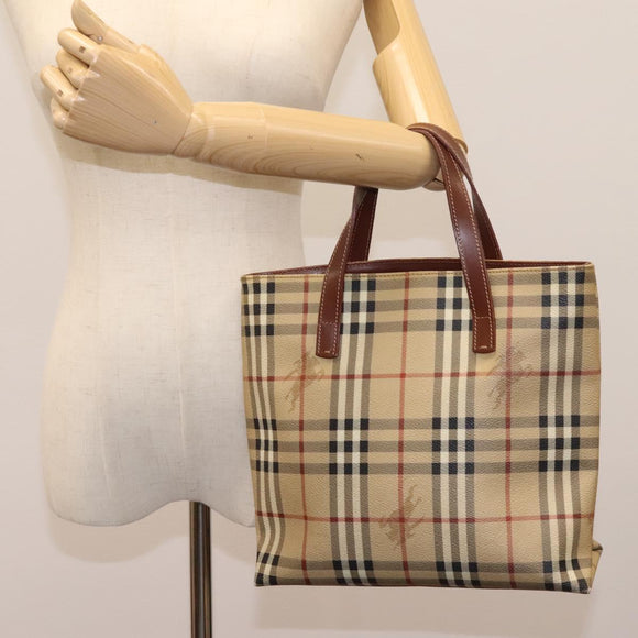 BURBERRY Nova Check Hand Bag PVC Beige Brown gold Auth BD438