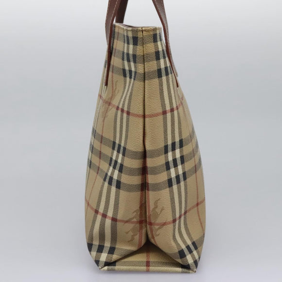 BURBERRY Nova Check Hand Bag PVC Beige Brown gold Auth BD438