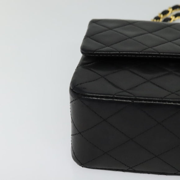 CHANEL Matelasse 25 Double Flap Chain Bag Lamb Skin Black Gold CC Auth BD485A