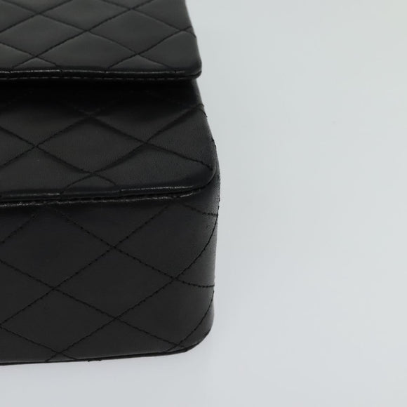 CHANEL Matelasse 25 Double Flap Chain Bag Lamb Skin Black Gold CC Auth BD485A