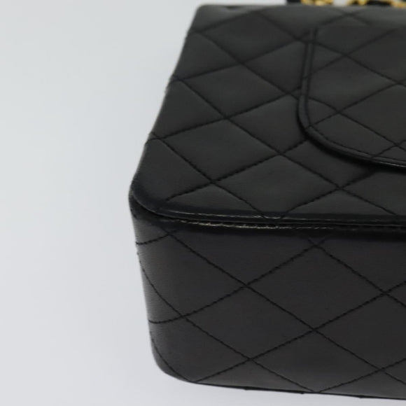 CHANEL Matelasse 25 Double Flap Chain Bag Lamb Skin Black Gold CC Auth BD485A