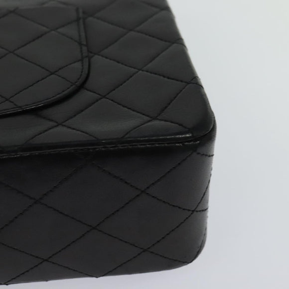 CHANEL Matelasse 25 Double Flap Chain Bag Lamb Skin Black Gold CC Auth BD485A