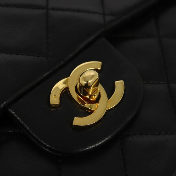 CHANEL Matelasse 25 Double Flap Chain Bag Lamb Skin Black Gold CC Auth BD485A