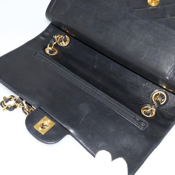 CHANEL Matelasse 25 Double Flap Chain Bag Lamb Skin Black Gold CC Auth BD485A