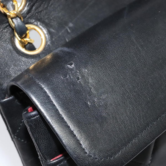 CHANEL Matelasse 25 Double Flap Chain Bag Lamb Skin Black Gold CC Auth BD485A