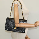 CHANEL Matelasse 25 Double Flap Chain Bag Lamb Skin Black Gold CC Auth BD485A-29