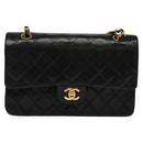 CHANEL Matelasse 25 Double Flap Chain Bag Lamb Skin Black Gold CC Auth BD485A-13