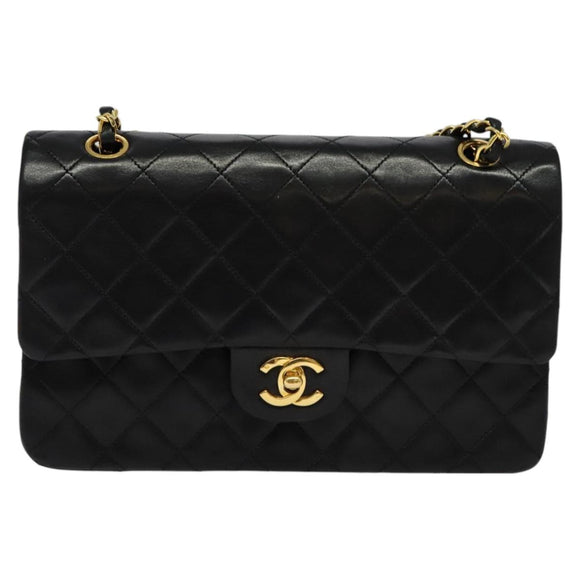 CHANEL Matelasse 25 Double Flap Chain Bag Lamb Skin Black Gold CC Auth BD485A
