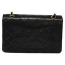 CHANEL Matelasse 25 Double Flap Chain Bag Lamb Skin Black Gold CC Auth BD485A-2