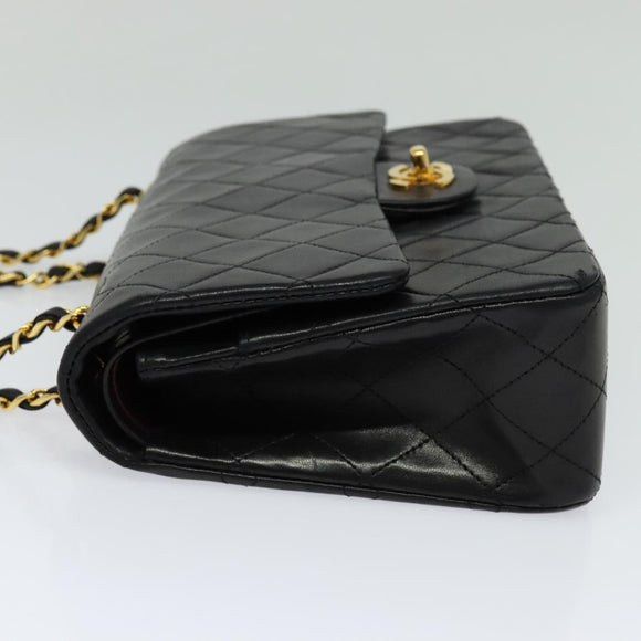 CHANEL Matelasse 25 Double Flap Chain Bag Lamb Skin Black Gold CC Auth BD485A