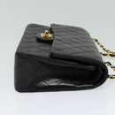 CHANEL Matelasse 25 Double Flap Chain Bag Lamb Skin Black Gold CC Auth BD485A-4